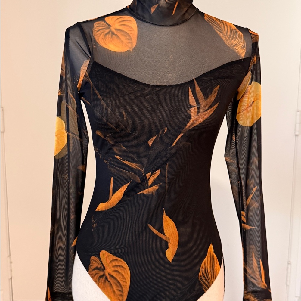 Sheer Black and Orange Leaf Print Bodysuit